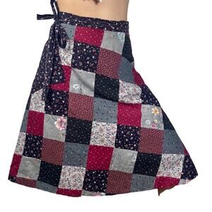 Vintage 1970s Handmade Patchwork Reversible Wrap Skirt Cotton Floral Calico Boho